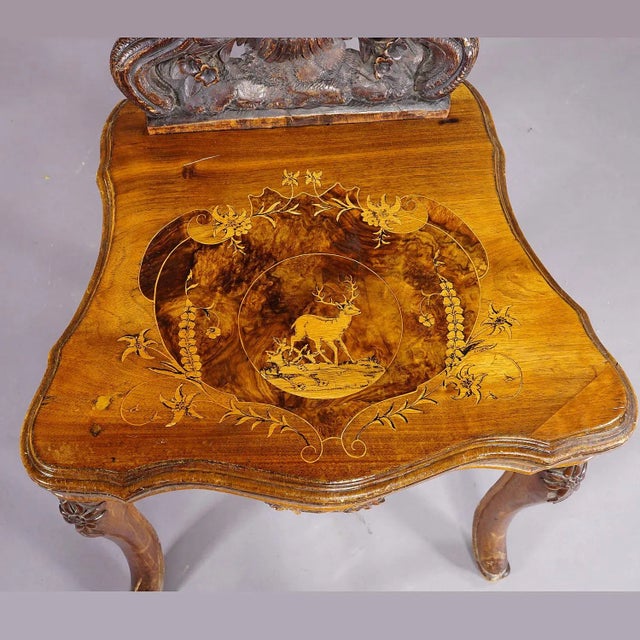 Late 19th Century Pair Nutwood Edelweis Marquetry Chairs Swiss Brienz 1900 For Sale - Image 5 of 12