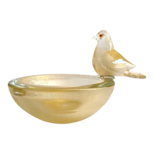 Vintage Mid Century Modernist Archimede Seguso Murano Art Glass Aventurine Gold Leaf Bird Decorative Bowl