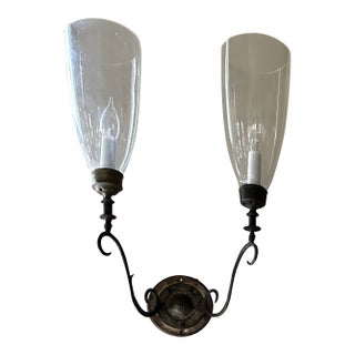 Pair of Vintage Federal Two Light Brass Wall Sconces With Hurricane Shades For Sale