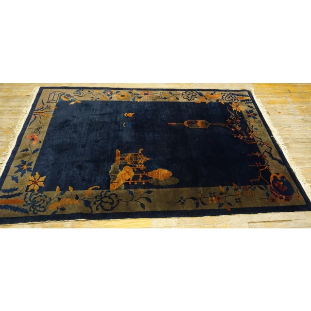 1920s Blue Navy Vase Floral Antique Chinese Art Deco Carpet 5' X 7'7" Knotted Wool Rug For Sale - Image 4 of 13