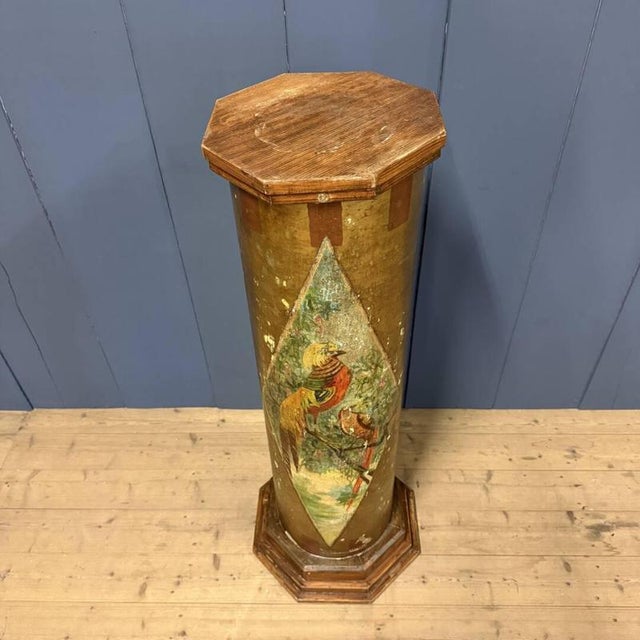 Ceramic Large Antique Painted Earthenware Column with Golden Pheasants For Sale - Image 7 of 18