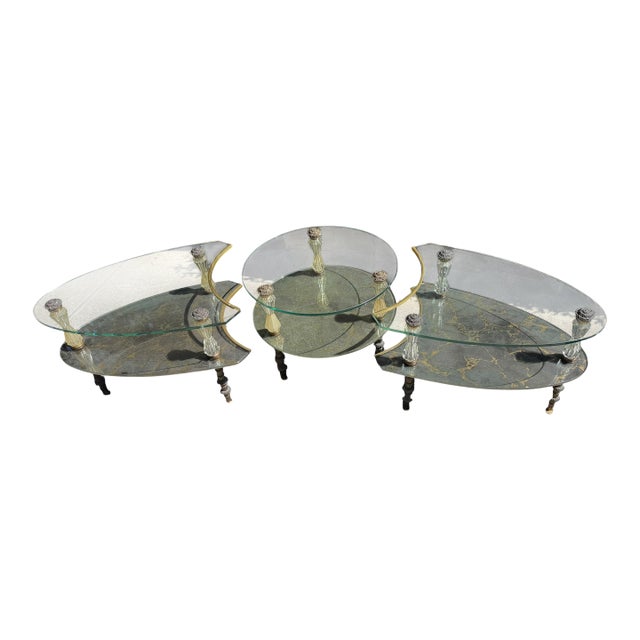 Hollywood Regency Goran 3 Part Glass & Marble Cocktail Table For Sale
