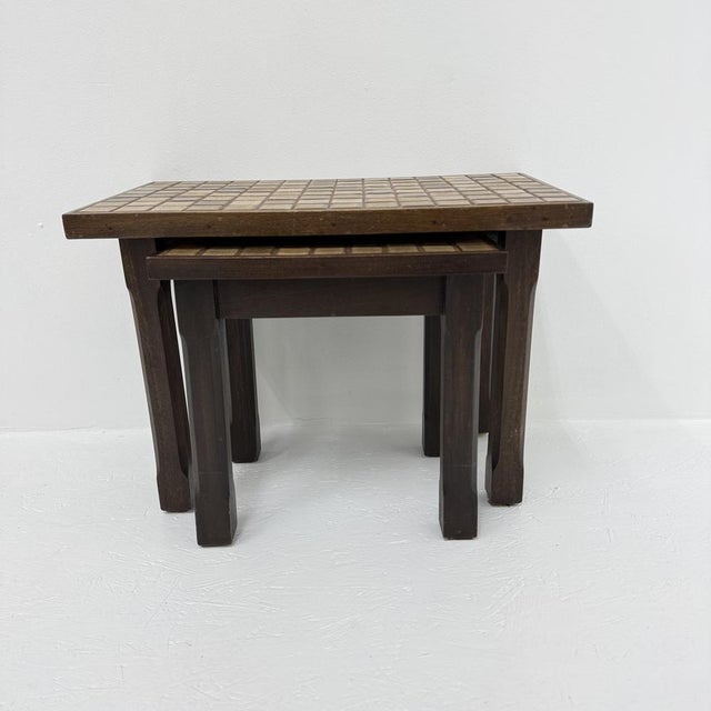 Vintage Brutalist Nesting Tables in Oak with Tile Top, 1970s, Set of 2 For Sale - Image 9 of 18
