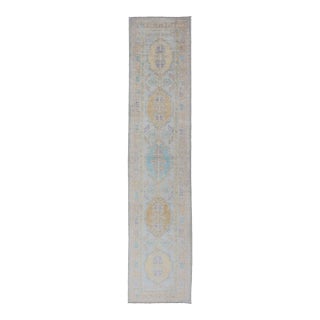 Turkish Oushak Runner in Soft Pastel Blue, Gold, and Lavender 2'8 X 13'0 For Sale