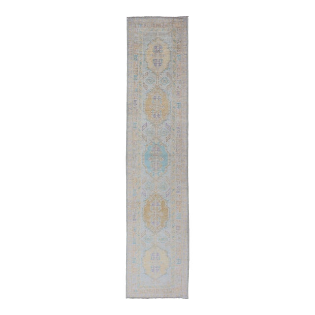 Turkish Oushak Runner in Soft Pastel Blue, Gold, and Lavender 2'8 X 13'0 For Sale