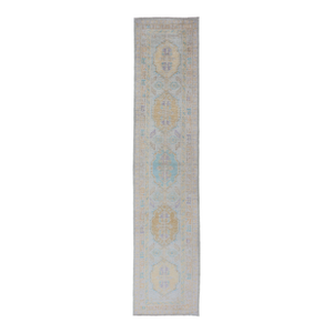 Turkish Oushak Runner in Soft Pastel Blue, Gold, and Lavender 2'8 X 13'0