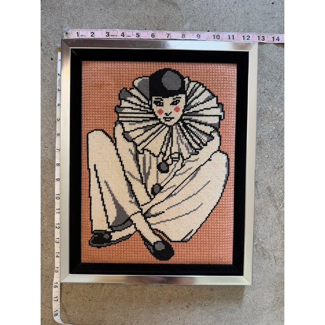 Vintage Framed Needlepoint Artwork Depicting a Seated Pierrot Clown With a Large Ruffled Collar For Sale - Image 4 of 4