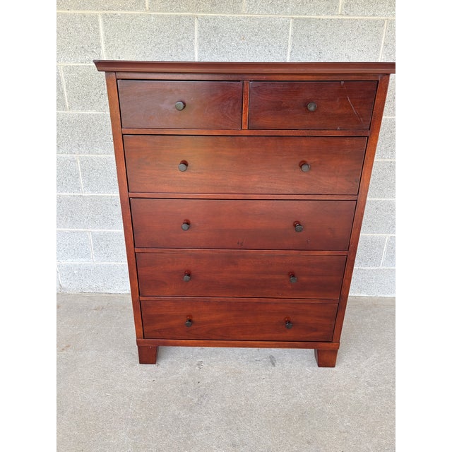 Description: Pottery Barn Valencia Shaker Style 6 Drawer Cherry Chest of Drawers. In Good Pre-Owned Furniture Condition....