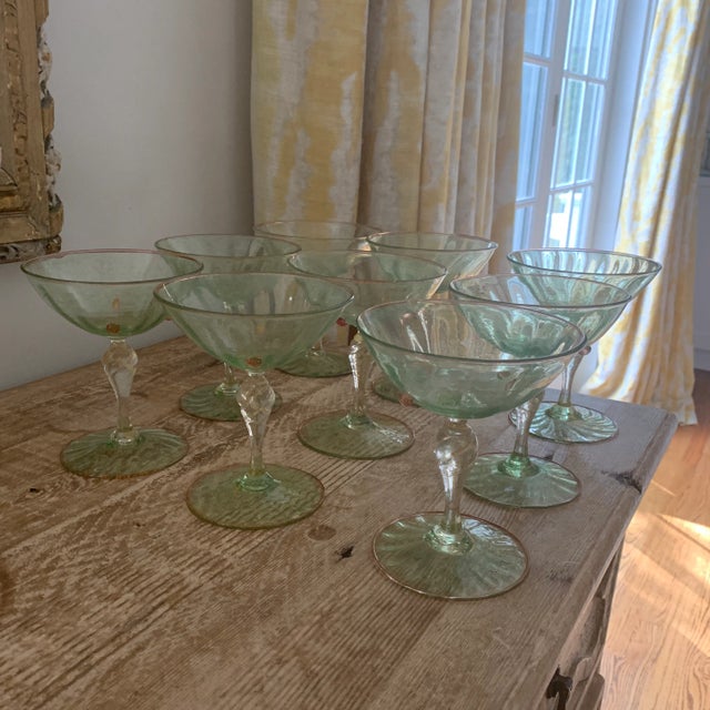 1940s Green Murano Glass Champagne Coupes Attributed to Salviati- Set of 9 For Sale - Image 5 of 9