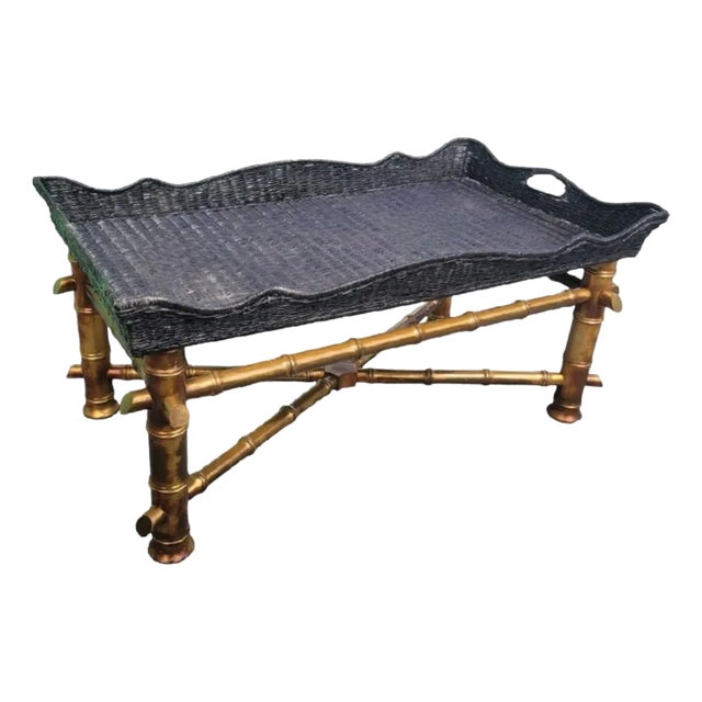 Vintage Custom Designed One of a Kind Gold Bronze Faux Bamboo Coffee Table With Giant Wicker Painted Tray Top For Sale