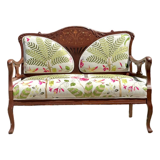 Vintage Carved Wood Settee With Embroidered Botanical Upholstery For Sale