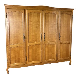 Vintage French Louis XVI Style Carved Oak 4-Door Wardrobe For Sale