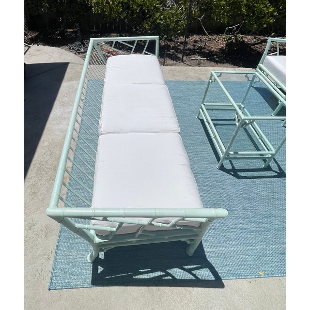 Mint Vintage Faux Bamboo Patio Set by Meadowcraft, Chippendale Details and Sunbrella Cushions For Sale - Image 8 of 18