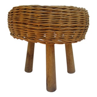 Rattan Wicker & Wood Tripod Stool For Sale