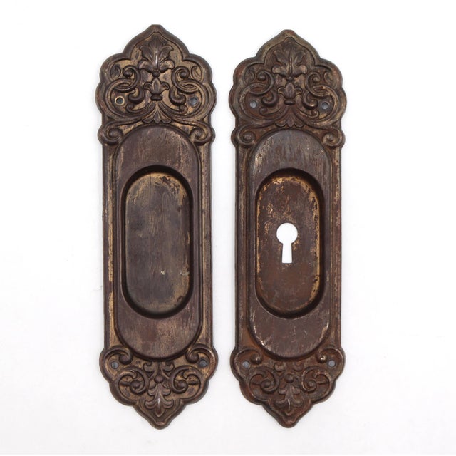 Victorian Set of Reclaimed 8.25 In. Victorian Steel Pocket Door Plates For Sale - Image 3 of 4