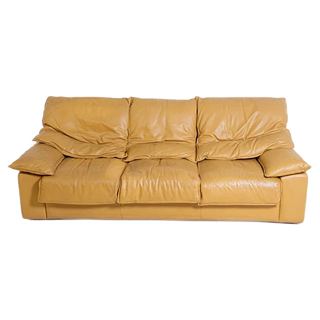 Vintage Italian Camel Colored Leather 3-Seat Sofa, 1970s For Sale