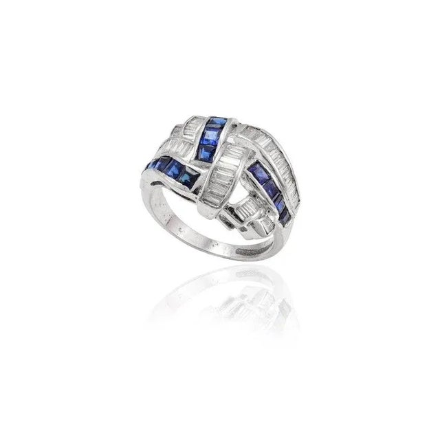 Metal Art Deco 1.3ct Blue Sapphire and Diamond Cocktail Ring in 18k White Gold Size 7 For Sale - Image 7 of 13