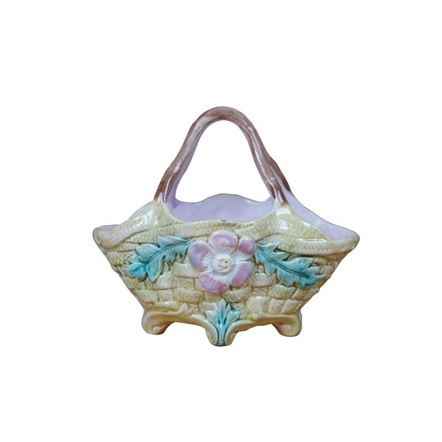 Victorian Antique Victorian Majolica Handled Footed Flower Basket Planter Compote For Sale - Image 3 of 12