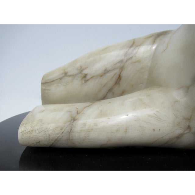 C.1970's Italian Carrara Marble Carved & Honed Reclined Female Figure Sculpture, Mounted on Round Black Marble Base For Sale - Image 10 of 13