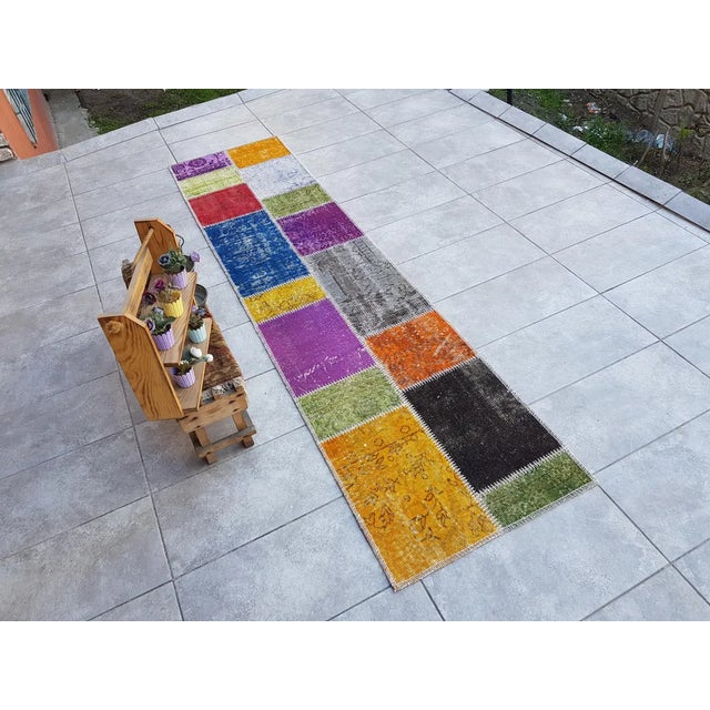 Mid 20th Century Bohemian Handknotted Wool Runner Oushak Turkish Colorful Runner For Sale - Image 9 of 10