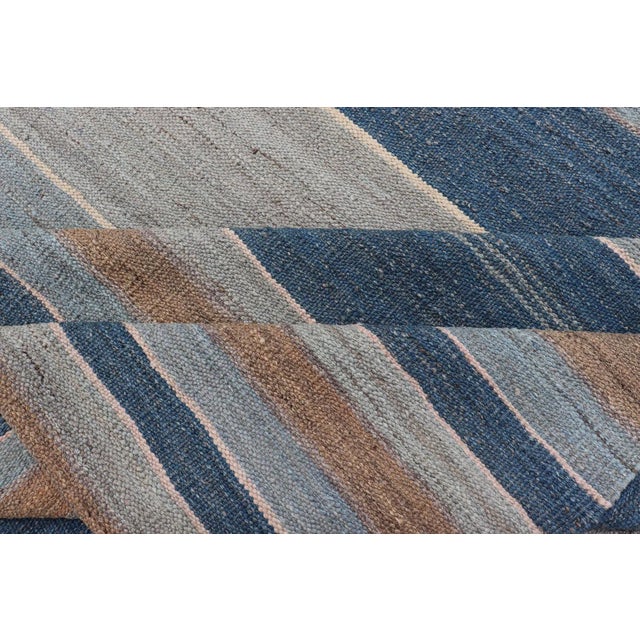 Striped Kilim Blue and Brown Hand Woven Wool by Keivan Woven Arts 9'3 X 12'0 For Sale - Image 12 of 13