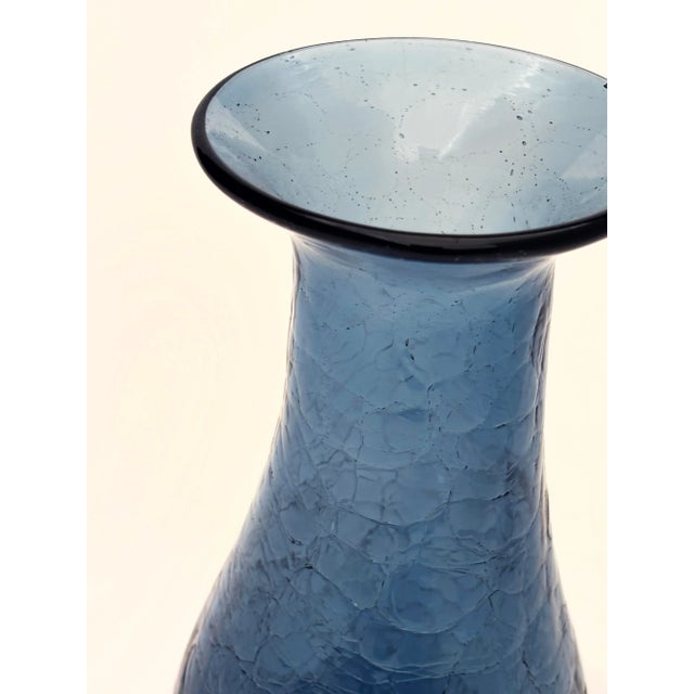 Modern Cobalt Blue Crackle Hand-Blown Glass Vase by Blenko Glass Co. For Sale - Image 3 of 16