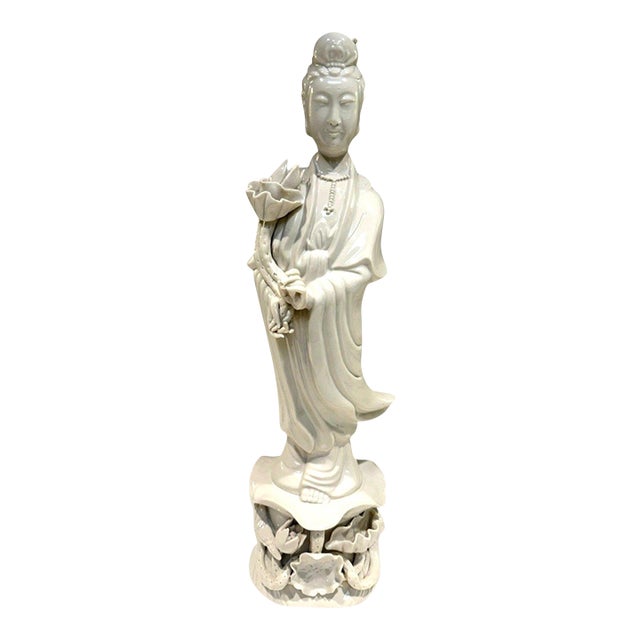 Vintage Wai Ming Hong Kong Blanc De Chine Porcelain Guanyin Lotus Statue 14" For Sale