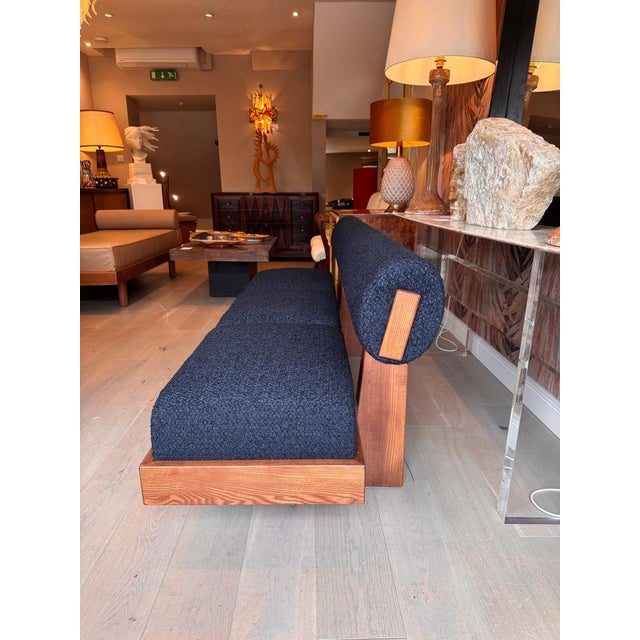 Large Architectural Bench with a Back Rest in Navy Blue Boucle, 2025 For Sale - Image 3 of 18