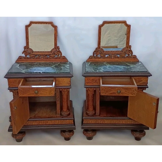 Pair of Italian Burl Walnut Nightstands With Green Marble Tops & Mirrors 1930s For Sale - Image 13 of 18