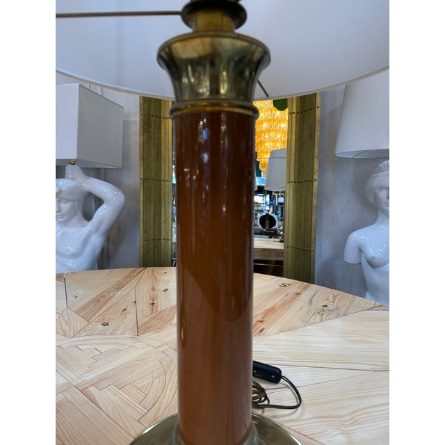 1970s 1970s Mid-Century Modern Brass and Brown Lacquer Table Lamps - a Pair For Sale - Image 5 of 8