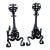 This striking pair of antique wrought iron andirons dates to the 1920s Arts & Crafts period. Hand-forged with elegant...