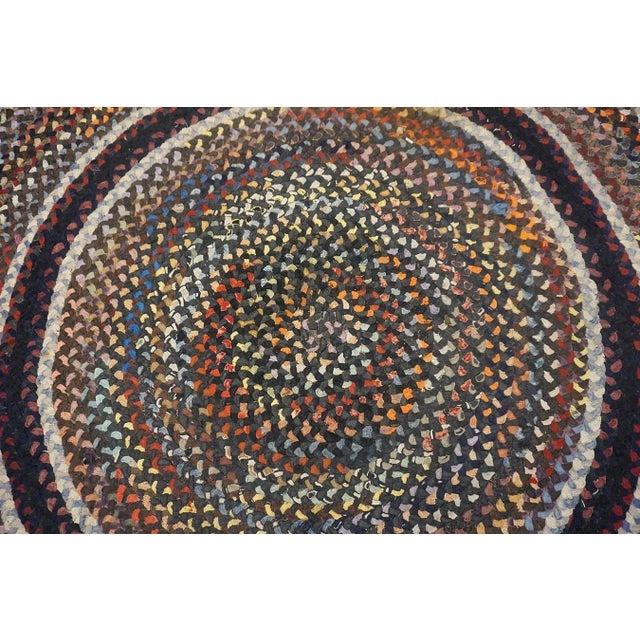 1930s Multicolor Geometric Folk Art Antique American Braided Rug 9'10'' X 9'10'' Oval Carpet For Sale In New York - Image 6 of 12
