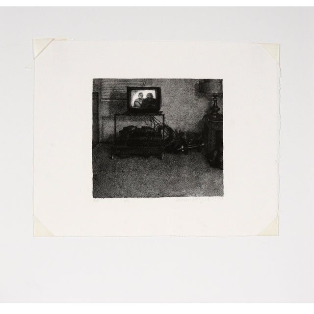 Moody Vintage Print - TV with Two Figures style of Edward Hopper Print of an interior scene with a tv stand, side table,...