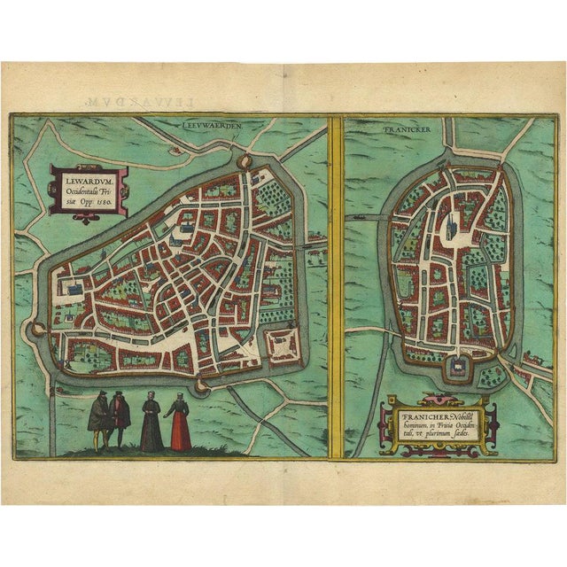 Antique Map of the Frisian Cities Leeuwarden and Franeker in Friesland, 1580 For Sale