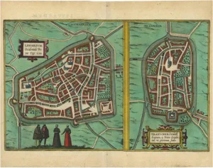 Antique Map of the Frisian Cities Leeuwarden and Franeker in Friesland, 1580