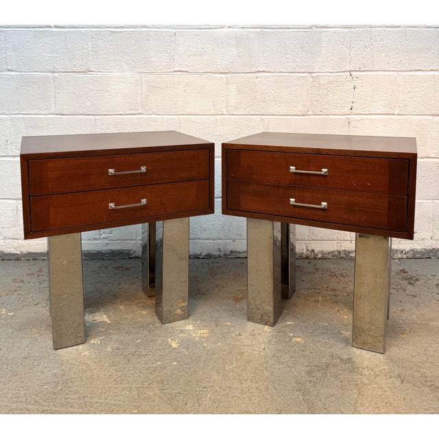 Striking pair of vintage modern walnut office end tables, featuring clean architectural lines and distinctive block-style...