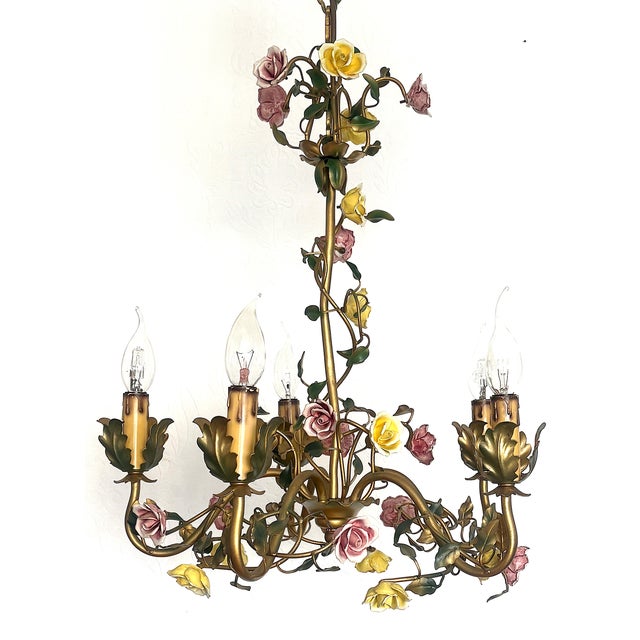 Italian Metal and Porcelain Flower Chandelier, 1940s For Sale - Image 3 of 17