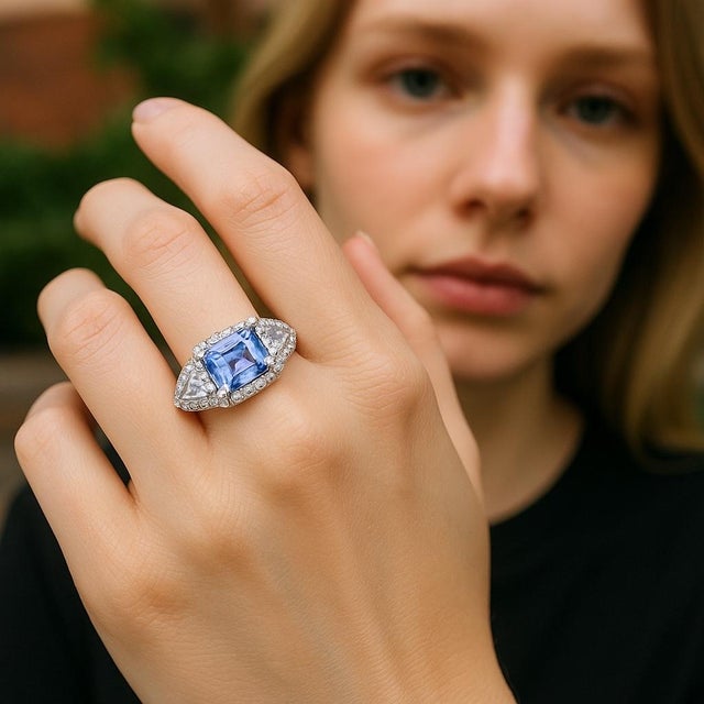 Early 21st Century Emerald Shaped Ceylon Sapphire Diamond 3.75 Carat 18 Karat Gold Cocktail Ring Size 6 For Sale - Image 5 of 8