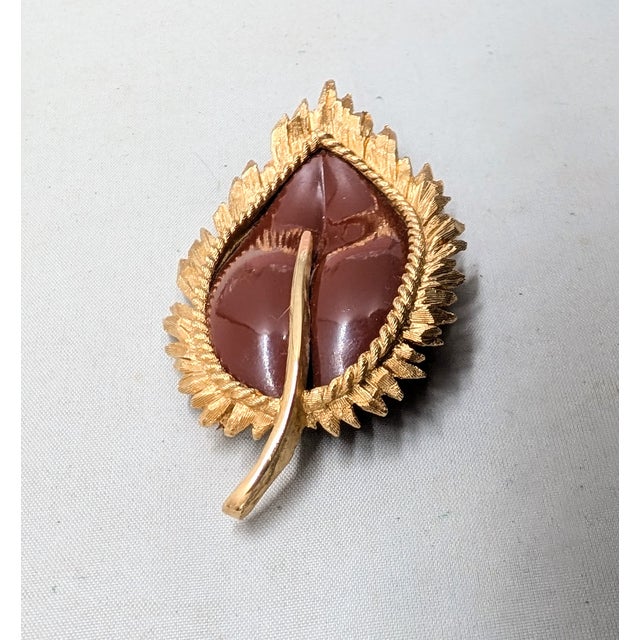Napier Vintage C1966 Signed Napier Book Piece Goldtone Red Resin Leaf Brooch For Sale - Image 4 of 7