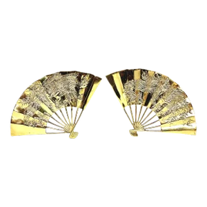 Pair of Vintage 1960s Brass Chinese Phoenix Bird Dragon Hand Fan