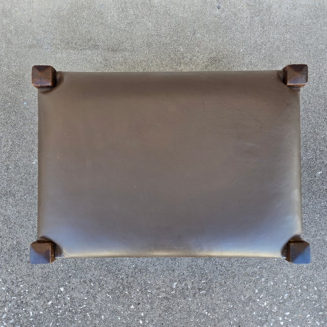 1910s Signed J M Young Mission Style Leather and Wood Footstool For Sale In Tampa - Image 6 of 10