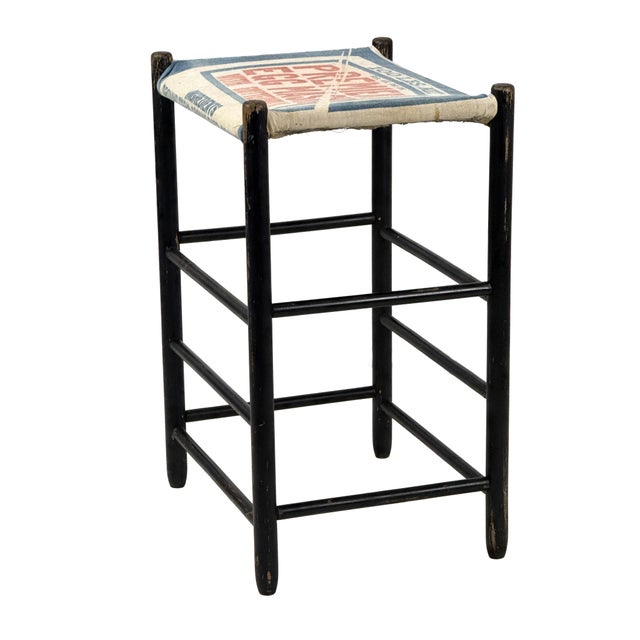 Black Vintage 1940s Primitive Wooden Stool W/ Black Painted Frame & Premier Egg Mash Feed Sack Seat - 25.5" Tall For Sale - Image 8 of 17