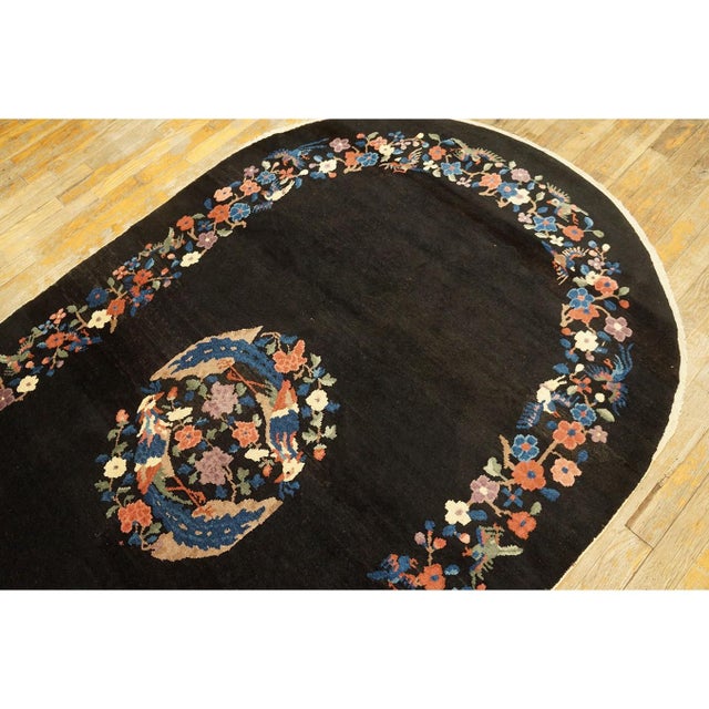 1920s Black Medallion Floral Antique Oval Chinese Art Deco Carpet 4'1" X 6'10" For Sale In New York - Image 6 of 9