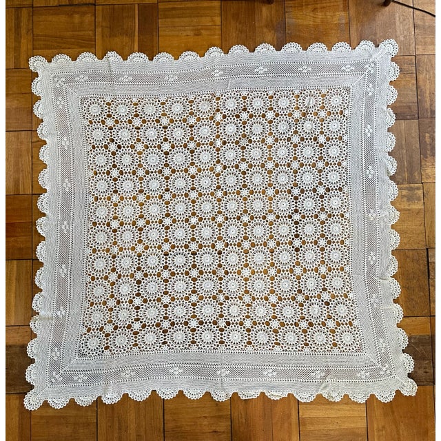 Textile Vintage Handmade Crochet Coverlet Throw Blanket or Tablecloth Cottagecore Home Decor For Sale - Image 7 of 12