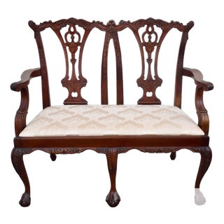 Vintage Carved Mahogany Settee Chippendale Style Ball & Claw Feet For Sale