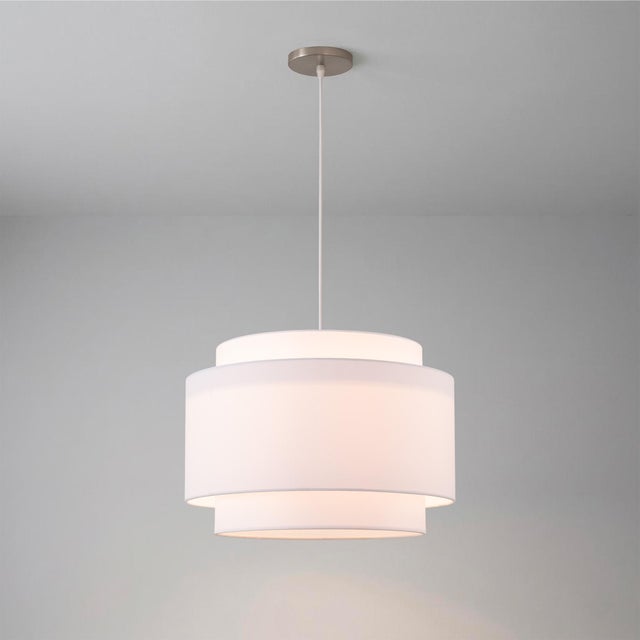 2020s Coronado 18 Pendant Light by Nova of California - White Linen Double Drum Shade, Satin Nickel Steel, Dimmable, Modern Minimalist for Dining Kitchen For Sale - Image 5 of 7
