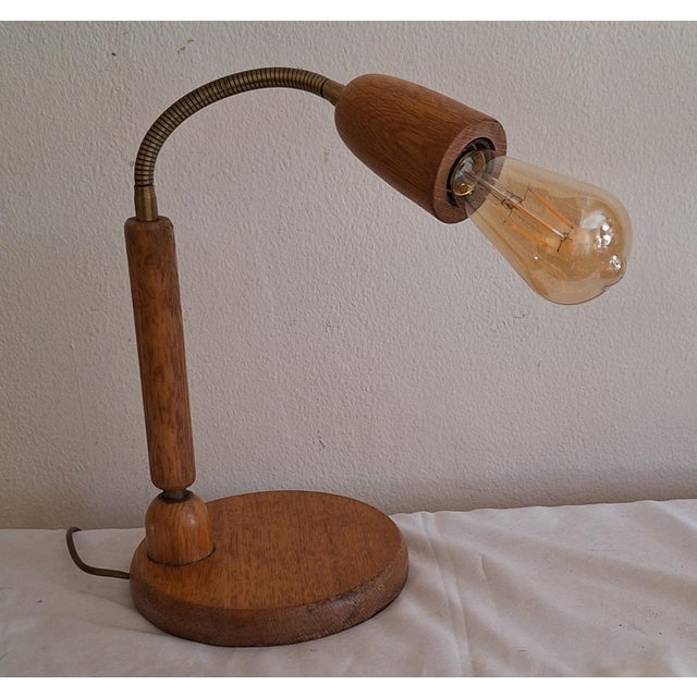 Vintage Adjustable German Desk Lamp with Oak Base and Brass Flex Arm from Bültmann-Leuchten, 1980s For Sale - Image 4 of 8