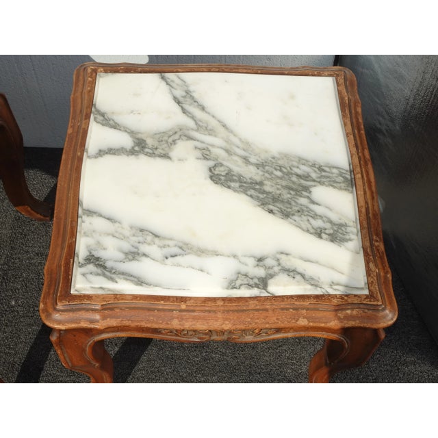 Wood Pair of Vintage French Provincial White Marble Top End Tables ~ Nightstands For Sale - Image 7 of 12