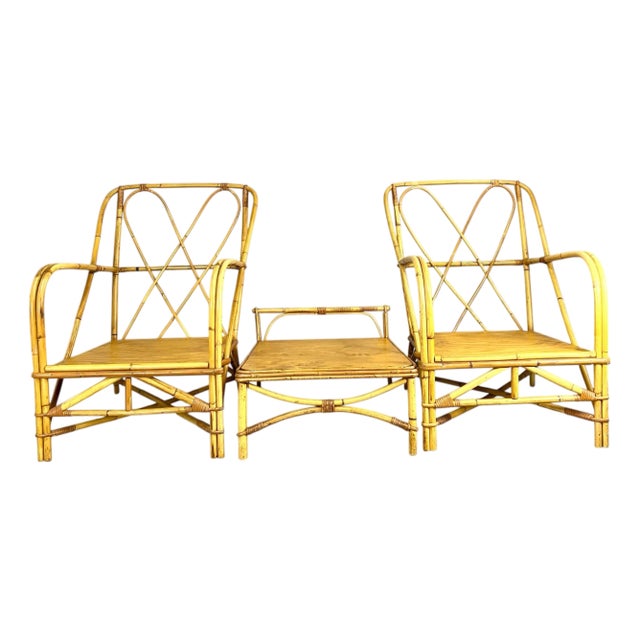 Vintage Bent Bamboo Lounge Chairs and Ottoman For Sale