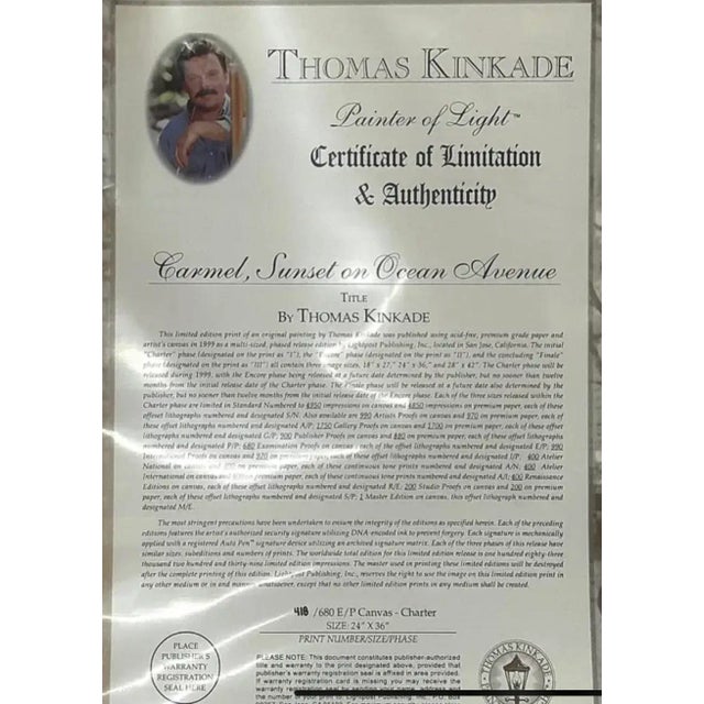 Thomas Kinkade "Carmel, Sunset on Ocean Avenue" on Canvas For Sale - Image 10 of 15